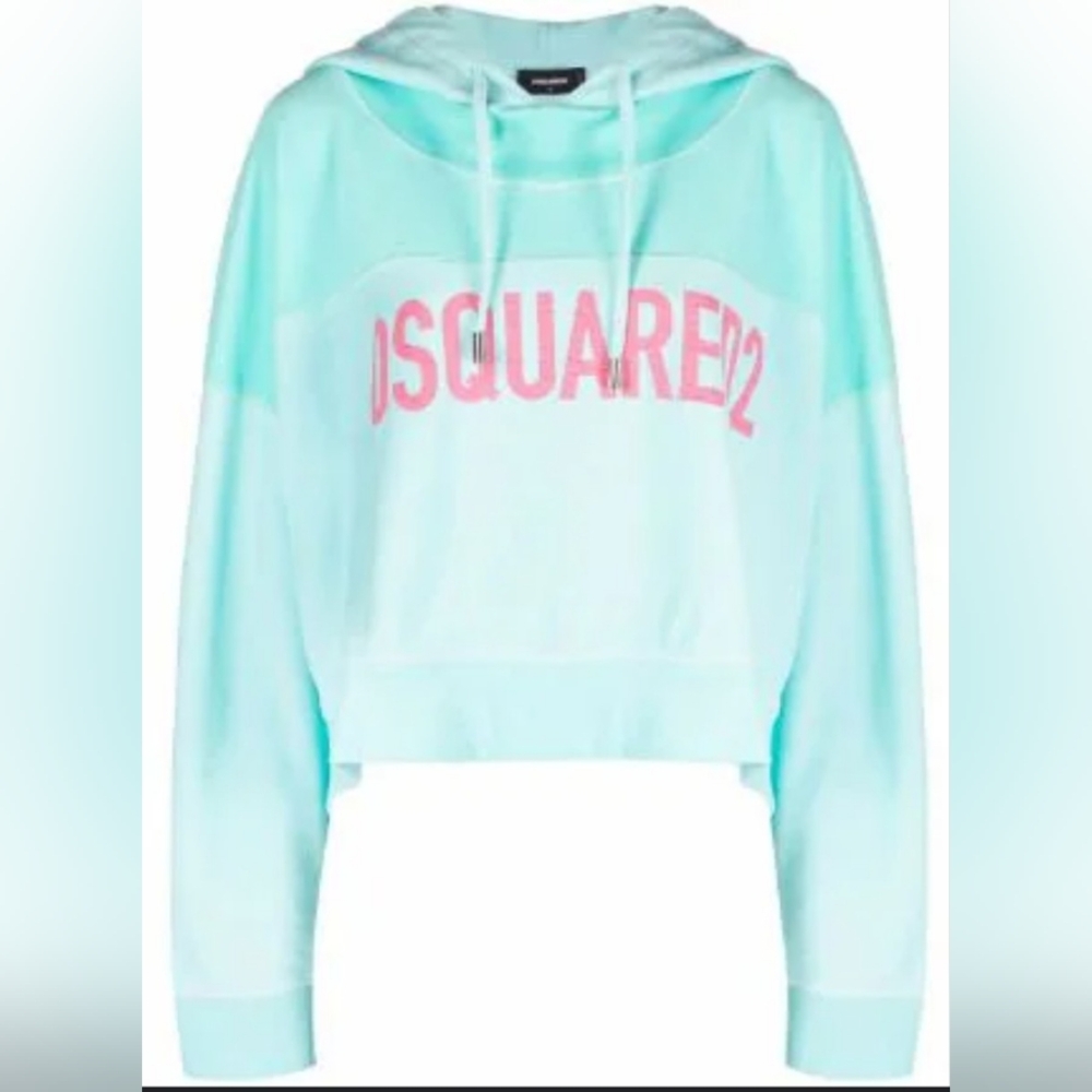 DSQUARED 2 Hoodie Sweatshirt Logo Print LARGE Aqua Blue Pink NWT MSRP $879